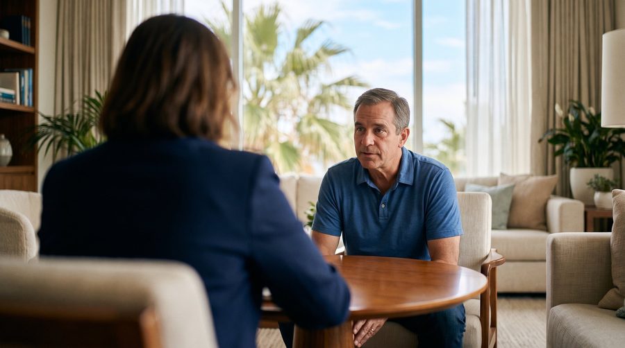 A clinician and a patient talking across a small table in a bright consultation suite