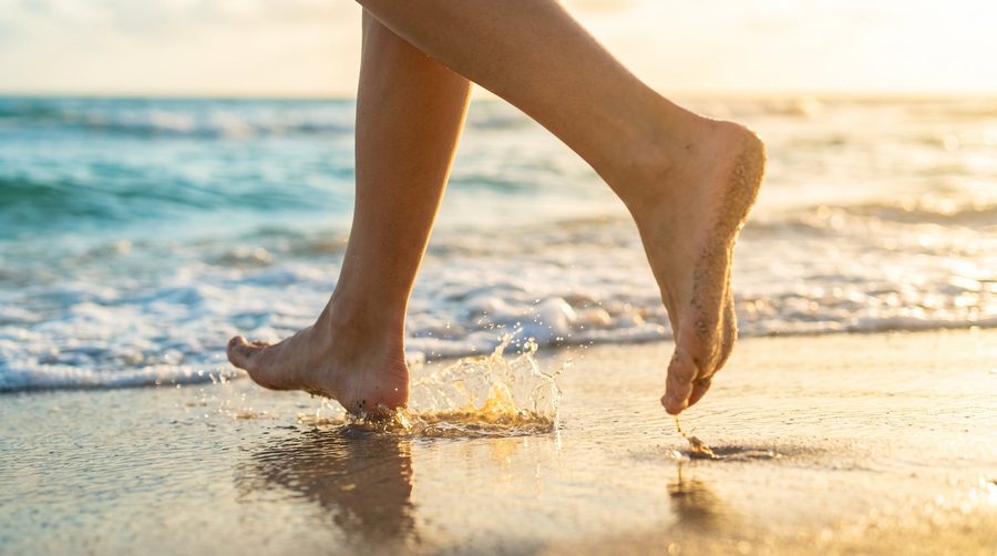Bare feet running through shallow surf on the beach at sunrise