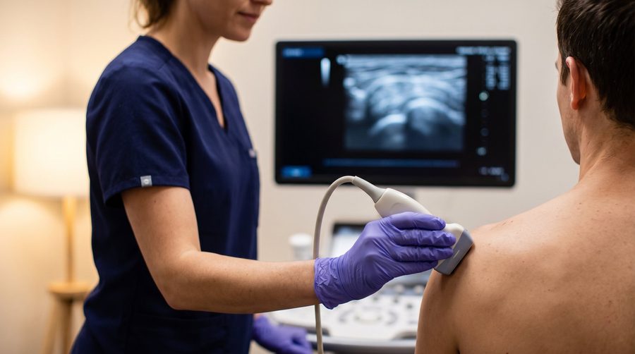 A clinician scanning a patient's shoulder with an ultrasound probe, the image on a monitor behind