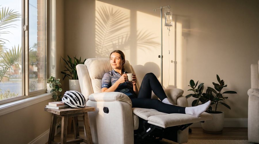 A woman in cycling clothes resting in a recliner in a sunlit wellness lounge, an IV stand beside her