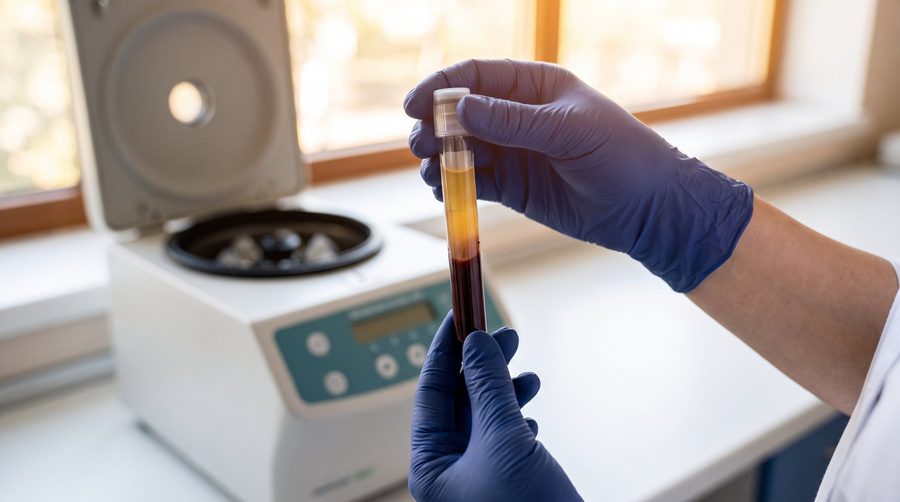 A gloved hand holding a blood sample tube beside a laboratory centrifuge