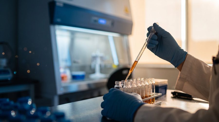 Gloved hands pipetting amber liquid into small glass vials in a laboratory