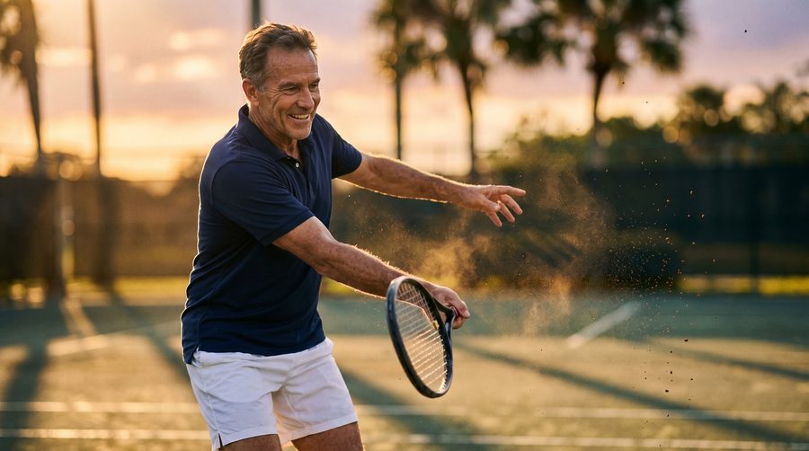 A man hitting a forehand on a clay tennis court at sunset, palm trees behind