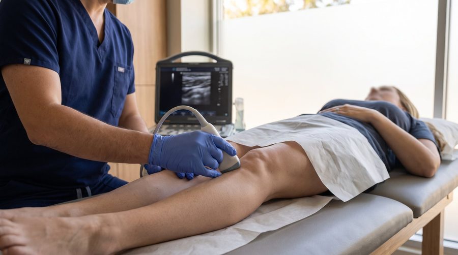 A clinician mapping the veins of a patient's leg with an ultrasound probe