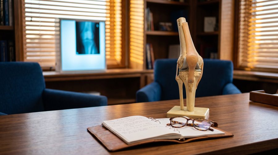 An anatomical knee model on a desk, with a knee X-ray lit on a screen behind it