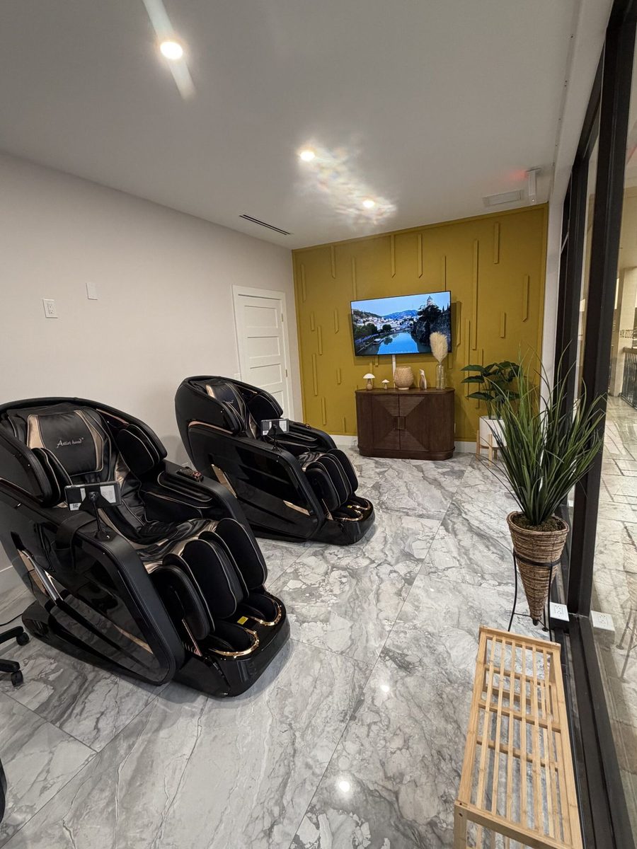 The recovery lounge at the RegenOrtho Palm Beach clinic on Prosperity Farms Road