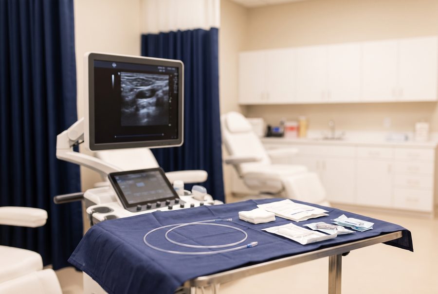 A vein procedure room with an ultrasound monitor and a sterile tray holding a thin catheter fiber