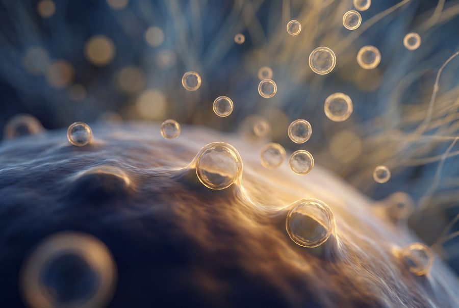 Illustration of tiny extracellular vesicles budding from a cell membrane