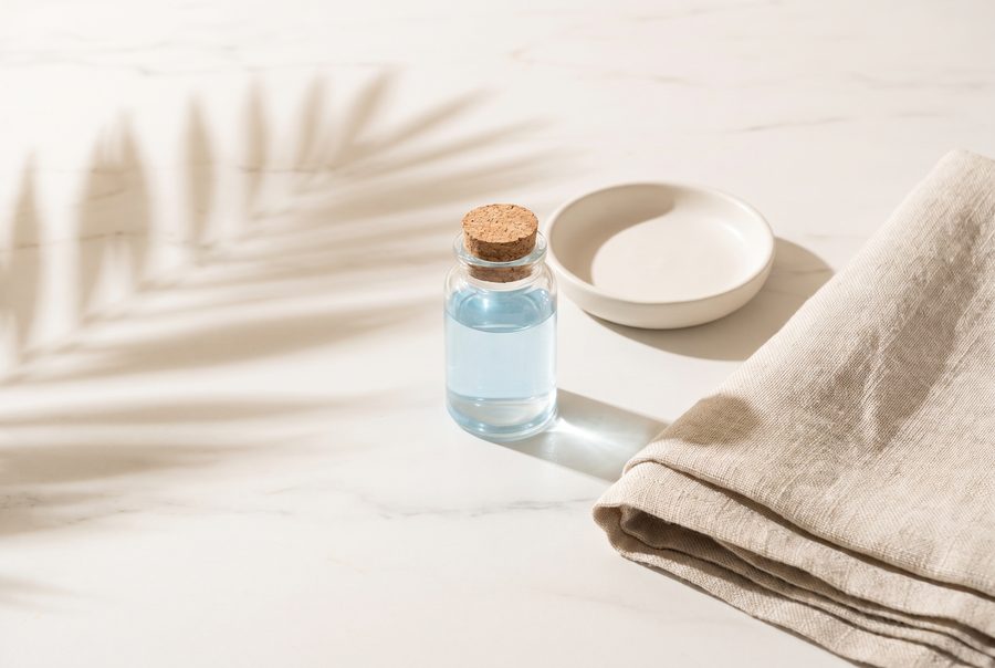 A small vial of pale blue liquid on white marble beside a linen towel