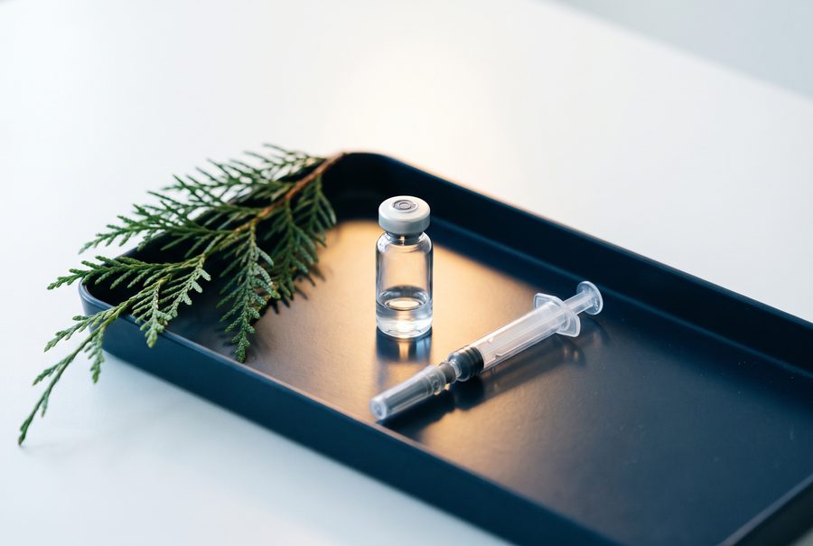 A peptide vial and a reconstitution syringe on a navy tray
