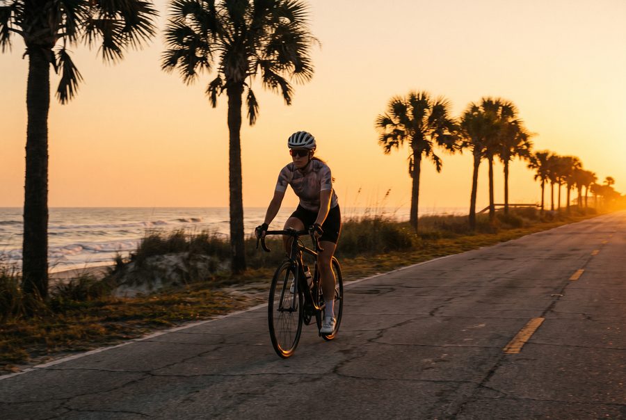 A cyclist riding a coastal road at sunrise, palm trees and ocean beside the road