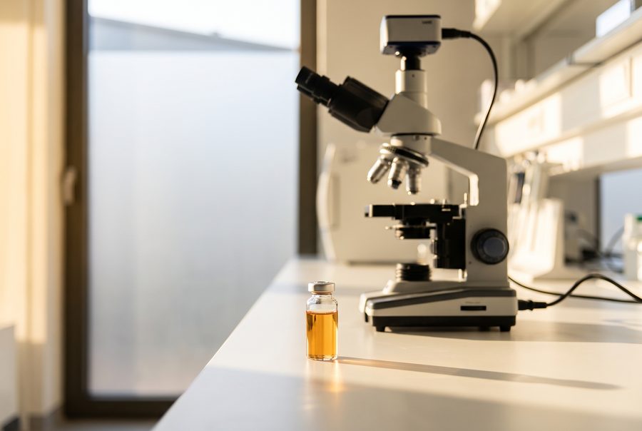 A small vial of amber protein solution beside a microscope on a laboratory bench