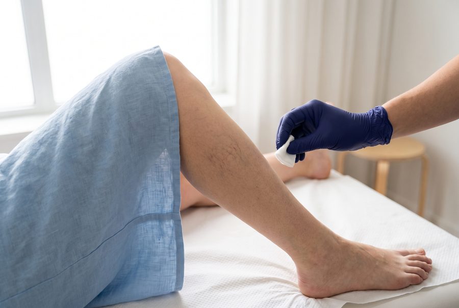 A clinician preparing to treat fine spider veins on the back of a patient’s leg