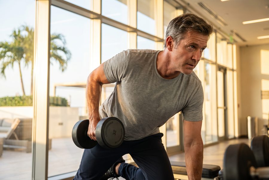 A man in his fifties doing a dumbbell row in a bright gym with palm trees outside